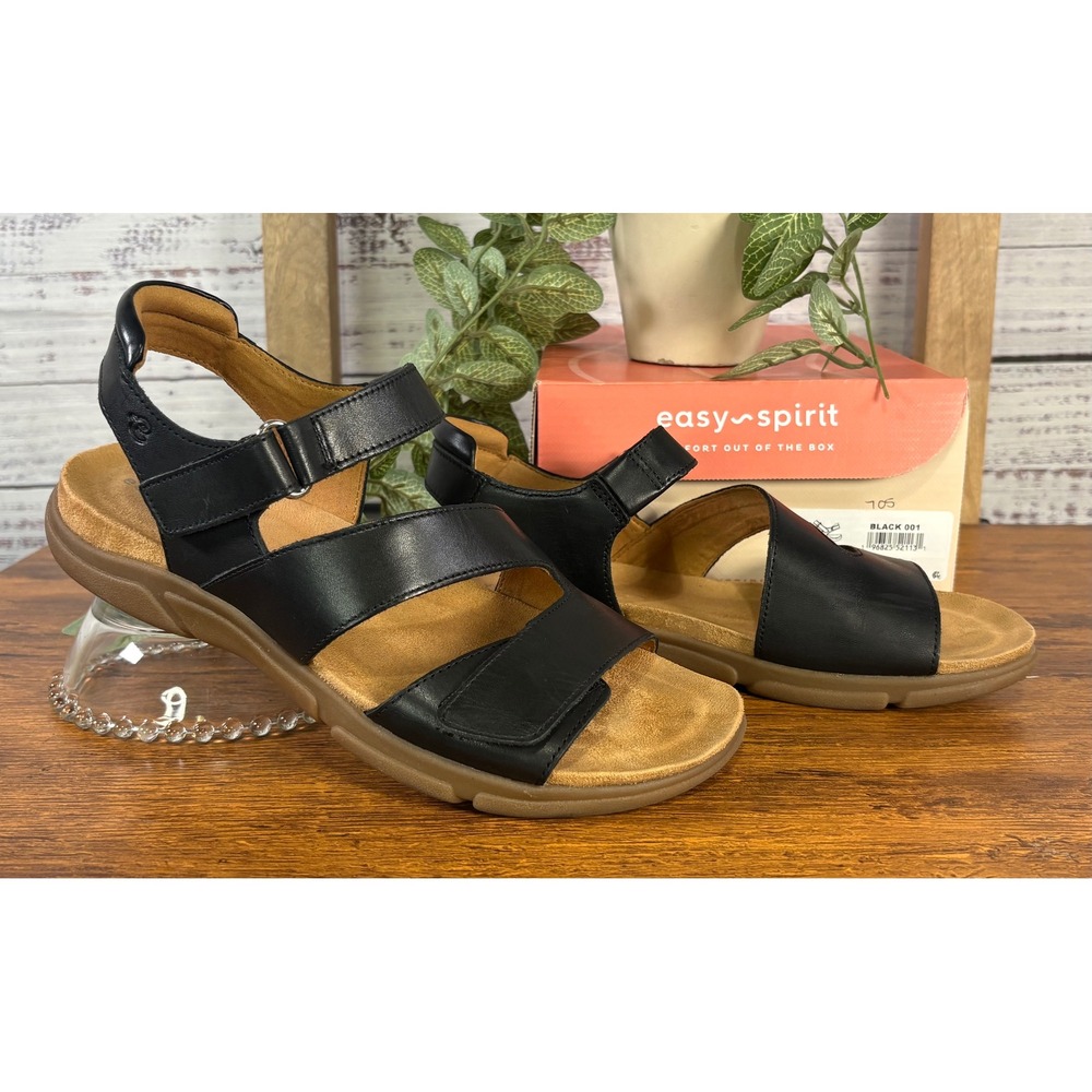 Easy Spirit Black Leather Comfort Strappy Sandals Womens 7M Semavey